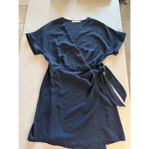 Lush Rolled Wrap Dress Short Sleeve Women's Navy Blue Size M - Picture 1 of 6